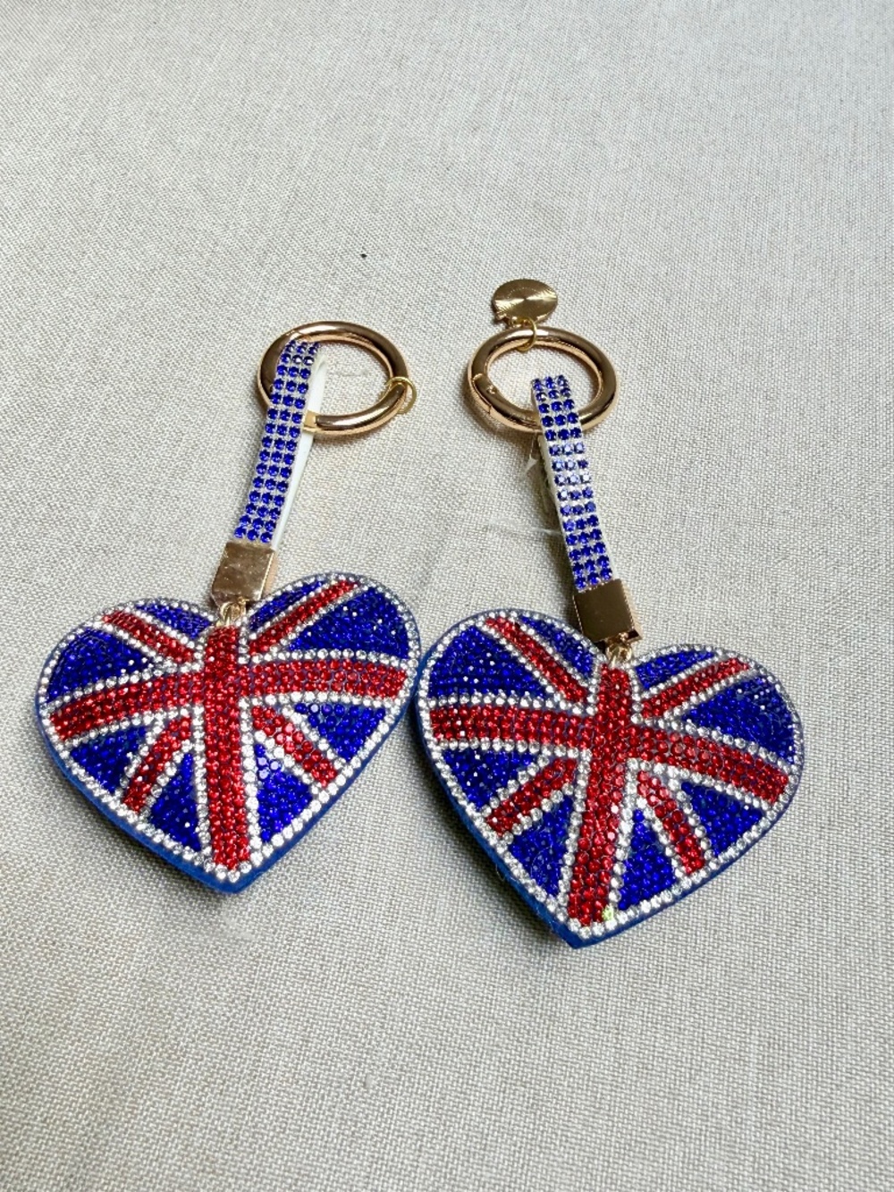 Pair of Union Jack Great Britain Heart Shaped Pave Sparkling Key Chains